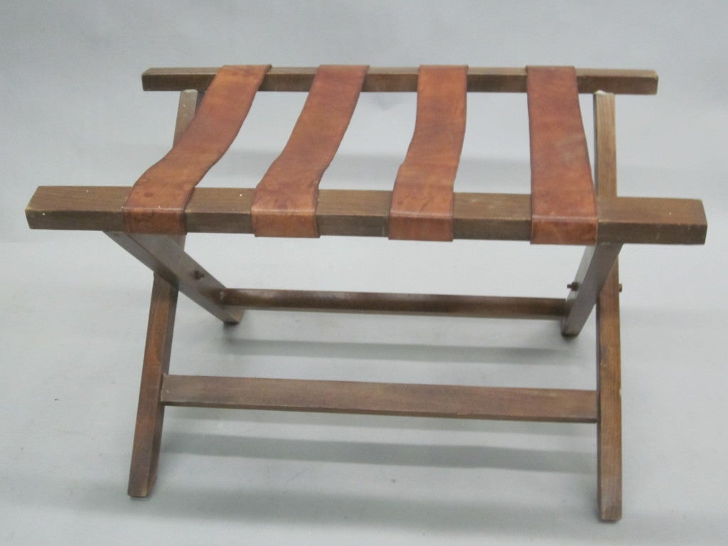 Mid-Century Modern French 40's Leather Strap Bench / Luggage Rack