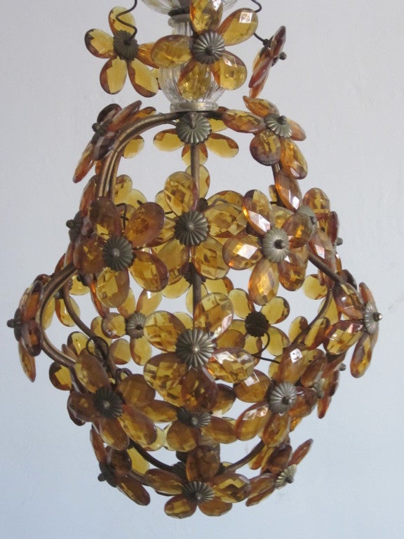 Mid-20th Century French Mid-Century Cut Amber Crystal Floral Pendant /Chandelier,  Maison Baguès For Sale