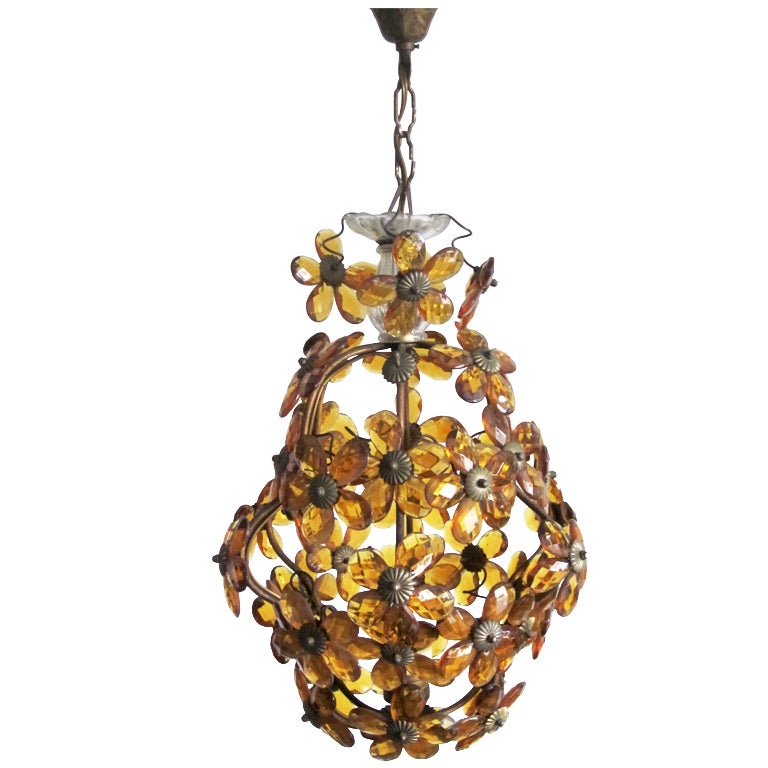 French Mid-Century Cut Amber Crystal Floral Pendant /Chandelier,  Maison Baguès For Sale