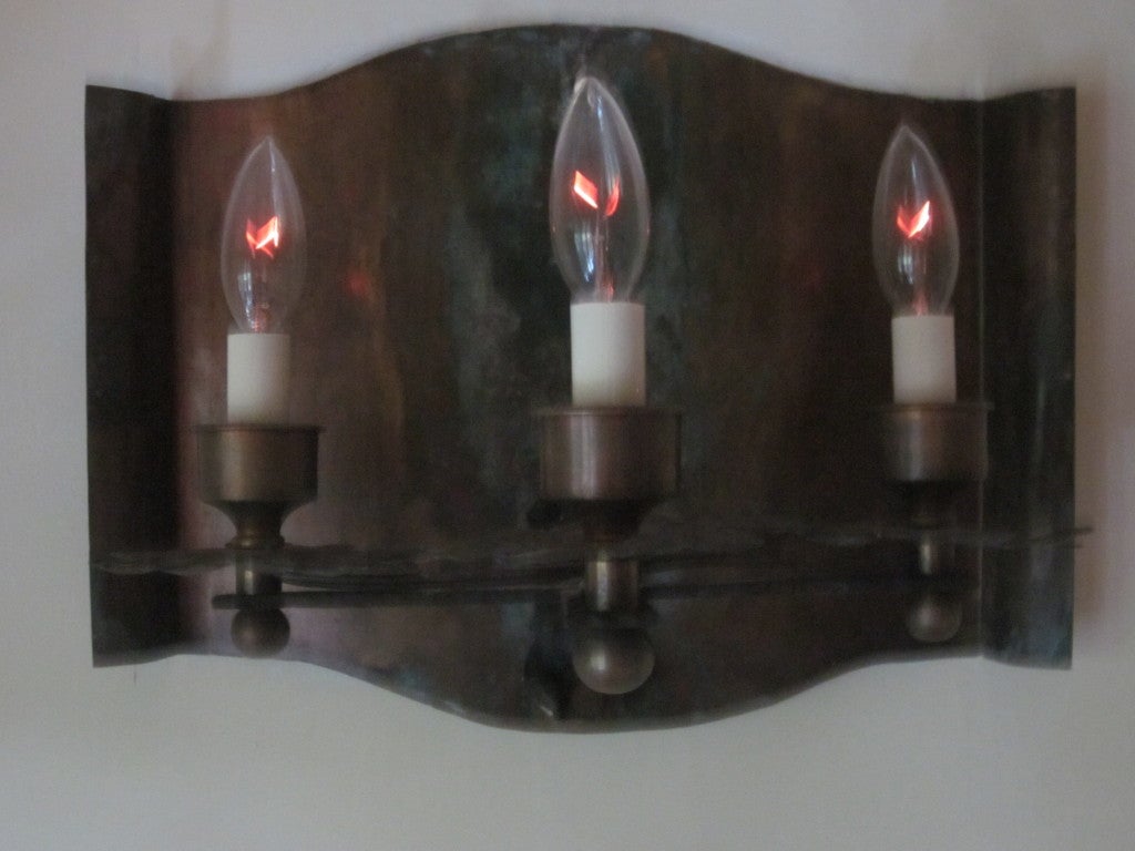 Pair of French Mid-Century Modern Copper & Iron Sconces, Gilbert Poillerat, 1940 For Sale 3