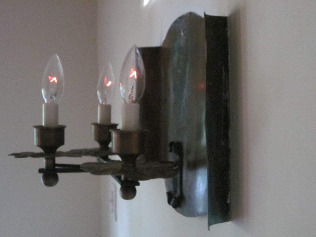 Pair of French Mid-Century Modern Copper & Iron Sconces, Gilbert Poillerat, 1940 For Sale 4