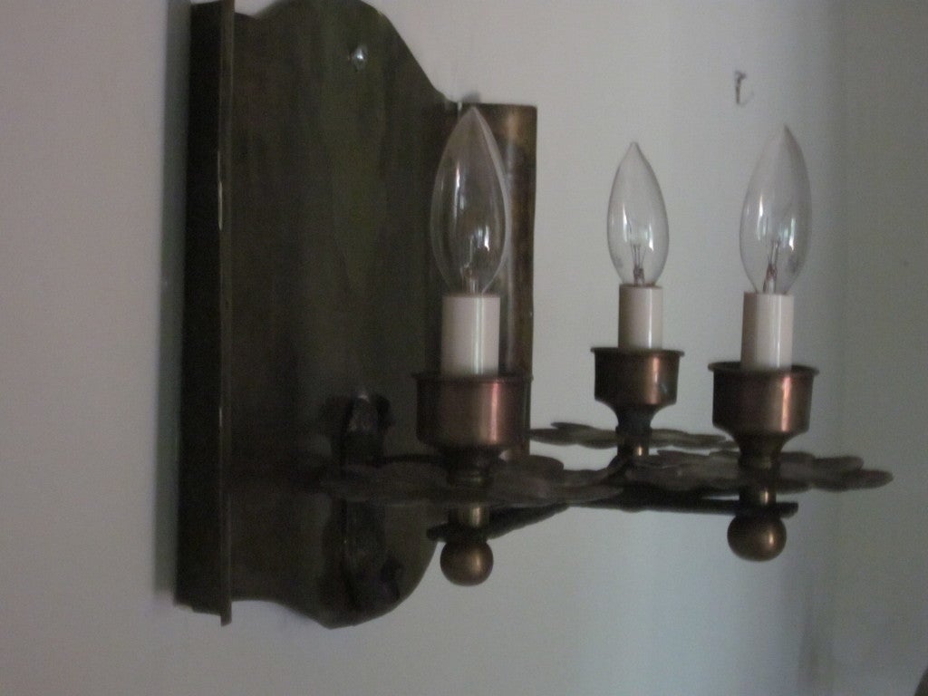 Pair of French Mid-Century Modern Copper & Iron Sconces, Gilbert Poillerat, 1940 For Sale 5