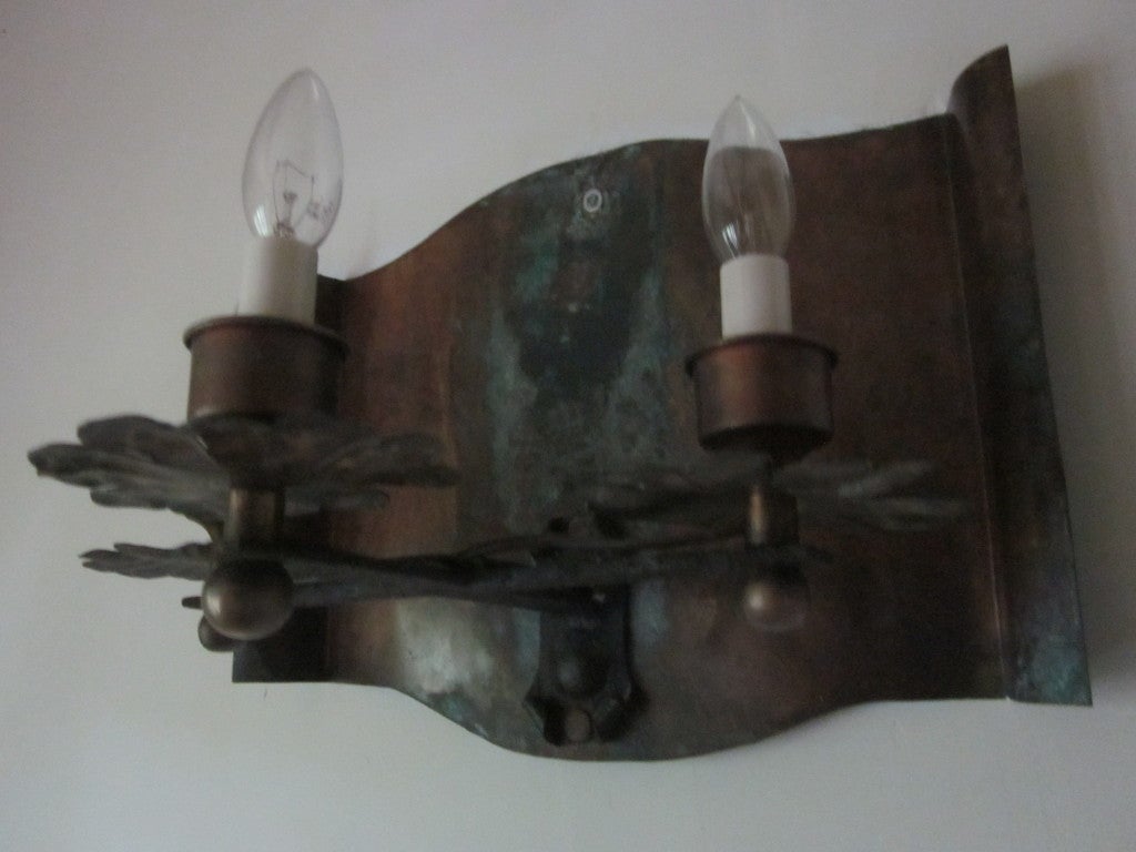 Mid-20th Century Pair of French Mid-Century Modern Copper & Iron Sconces, Gilbert Poillerat, 1940 For Sale