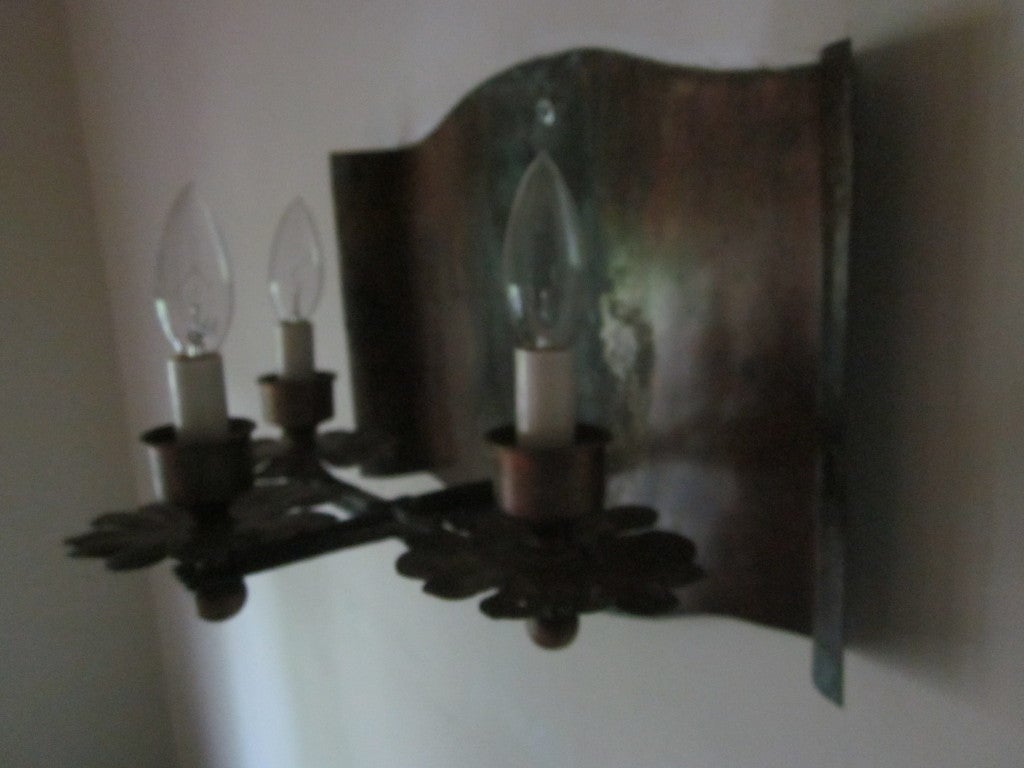 Pair of French Mid-Century Modern Copper & Iron Sconces, Gilbert Poillerat, 1940 For Sale 1