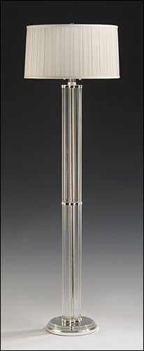 Pair of elegant Mid-Century Modern style standing lamps with a timeless modern look composed of solid crystal and lacquered silver plated metal with references to French Art Deco style. The center column consists of single silver plated central pole