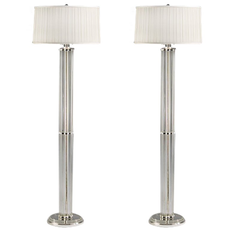 Two French Mid-Century Modern Style Solid Crystal & Silver Plate Floor Lamps