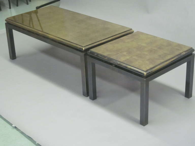 Late 20th Century Set of 2 French Gilt 'Verre Églomisé' Coffee Tables by Guy Lefevre for Jansen For Sale