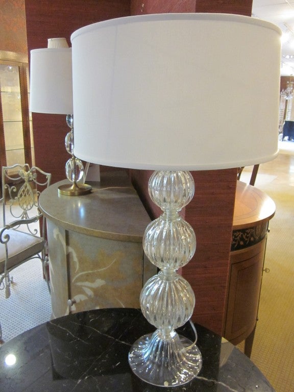 Italian Pair Clear Mid-Century Modern Style Murano Glass Table Lamps, Attrib. Barovier