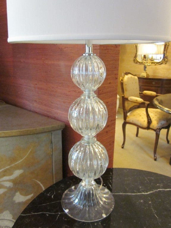 Pair Clear Mid-Century Modern Style Murano Glass Table Lamps, Attrib. Barovier In Excellent Condition In New York, NY