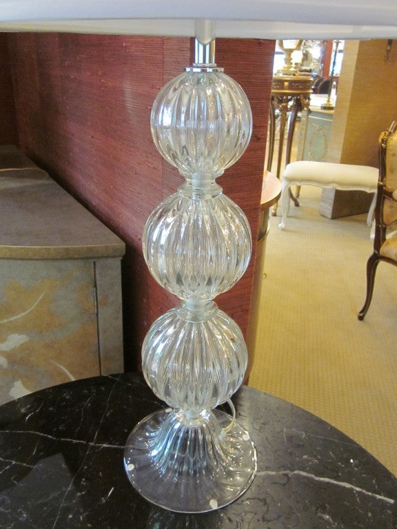 Contemporary Pair Clear Mid-Century Modern Style Murano Glass Table Lamps, Attrib. Barovier