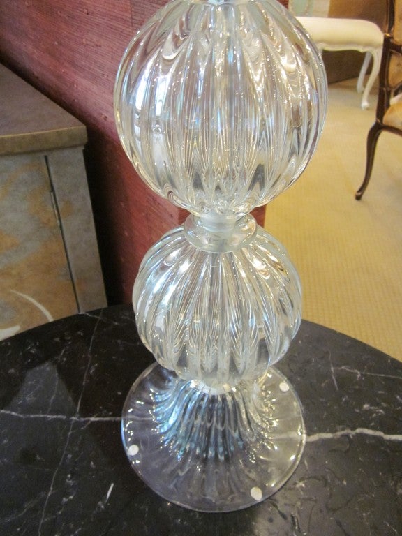 Pair Clear Mid-Century Modern Style Murano Glass Table Lamps, Attrib. Barovier 1