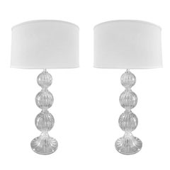 Pair Clear Mid-Century Modern Style Murano Glass Table Lamps, Attrib. Barovier