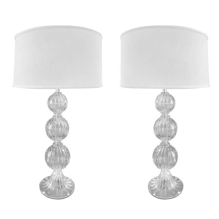 Pair Clear MidCentury Modern Style Murano Glass Table Lamps, Attrib
