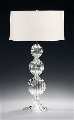 Sober, elegant pair of Italian contemporary Mid-Century Style Modern style handblown clear glass table lamps attributed to Barovier e Toso in the form of stacked balls.