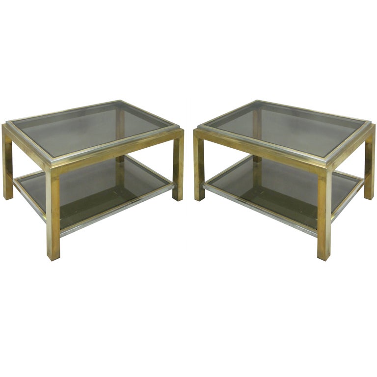 Pair French Double Level Brass & Nickel End Table, Willy Rizzo & Maison Charles