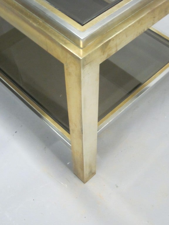 Mid-Century Modern Pair French Double Level Brass & Nickel End Table, Willy Rizzo & Maison Charles