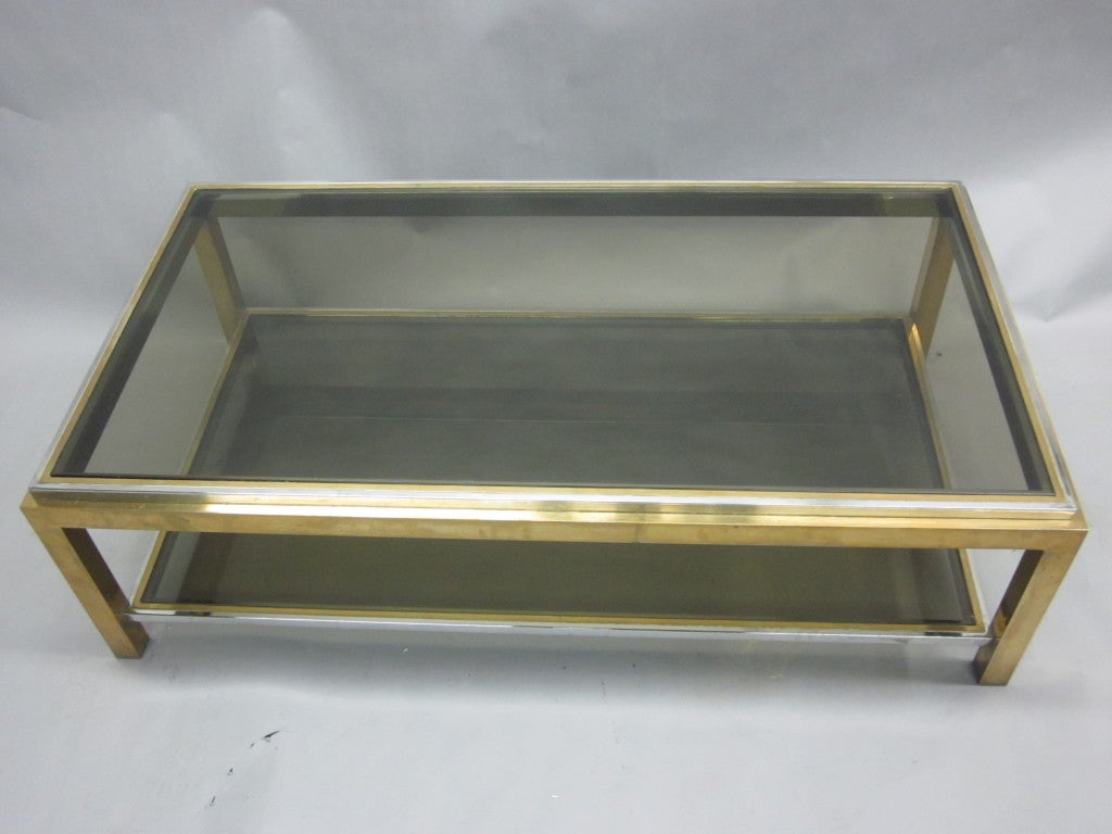 Mid-Century Modern French Double Tier Brass & Nickel Coffee Table by Willy Rizzo & Maison Charles For Sale
