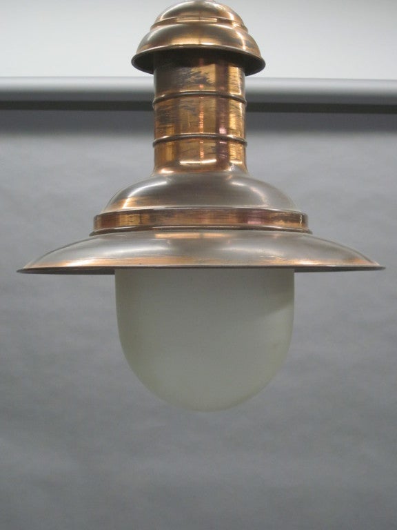 French Mid-Century Modern copper fixture with satinized glass shade that can be flush mounted or hung as a pendant or lantern.