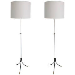Pair of French Mid-Century Stainless and Brass Floor Lamps