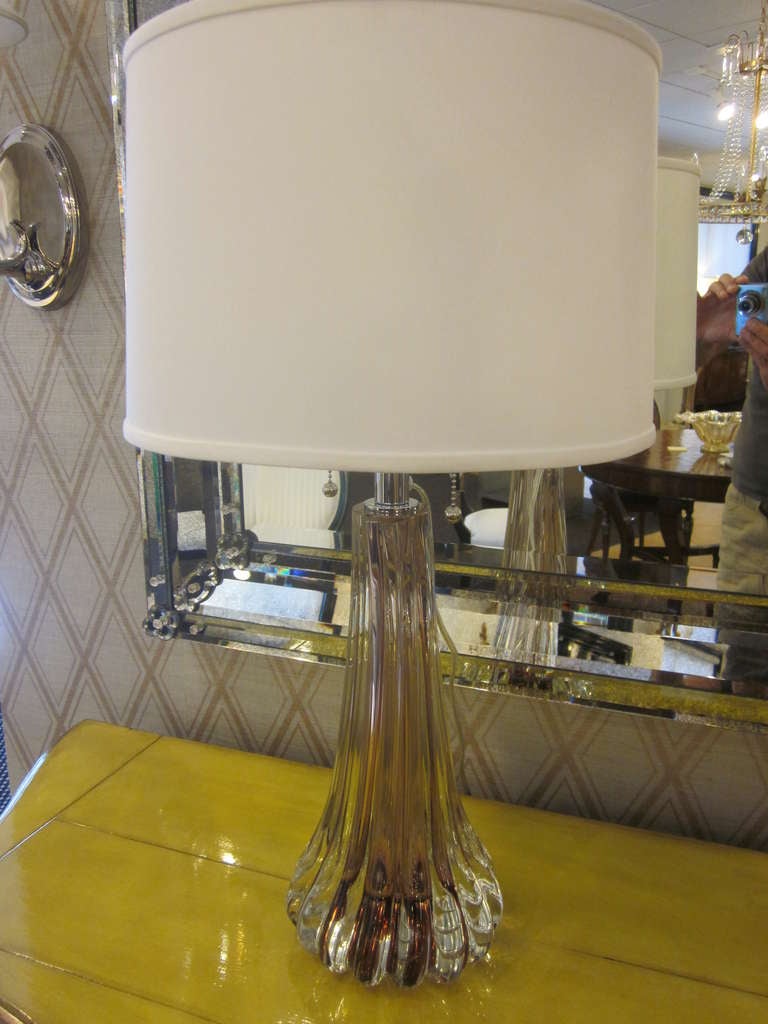 Italian Pair of Clear and Amber Murano Glass Table Lamps Attributed to Seguso