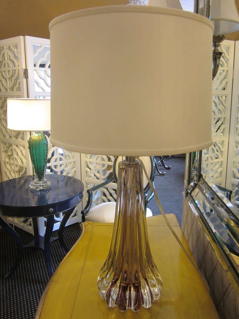 Mid-Century Modern Pair of Clear and Amber Murano Glass Table Lamps Attributed to Seguso