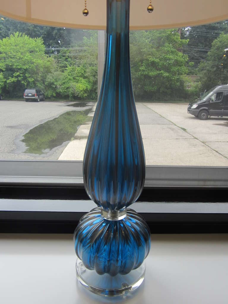 Mid-Century Modern Pair of Large Aqua Blue Murano / Venetian Glass Table Lamps, Barovier e Toso For Sale