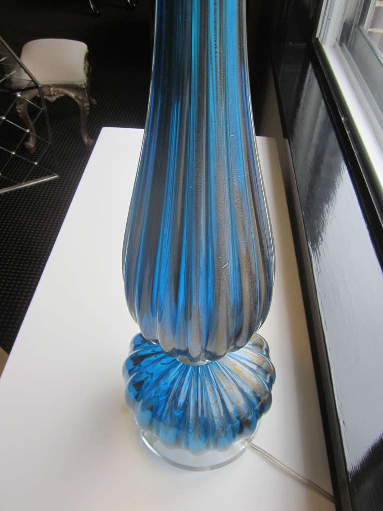 Italian Pair of Large Aqua Blue Murano / Venetian Glass Table Lamps, Barovier e Toso For Sale