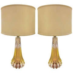 Pair of Clear and Amber Murano Glass Table Lamps Attributed to Seguso 5