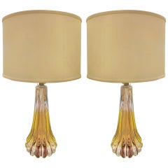 Pair of Clear and Amber Murano Glass Table Lamps Attributed to Seguso