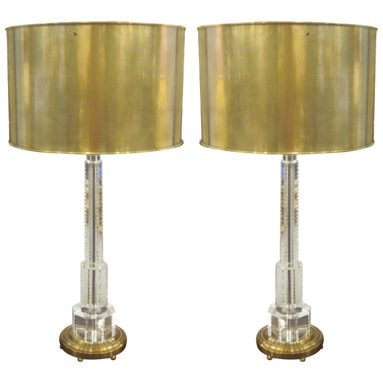 Pair of Solid Crystal and Brass Table Lamps For Sale at