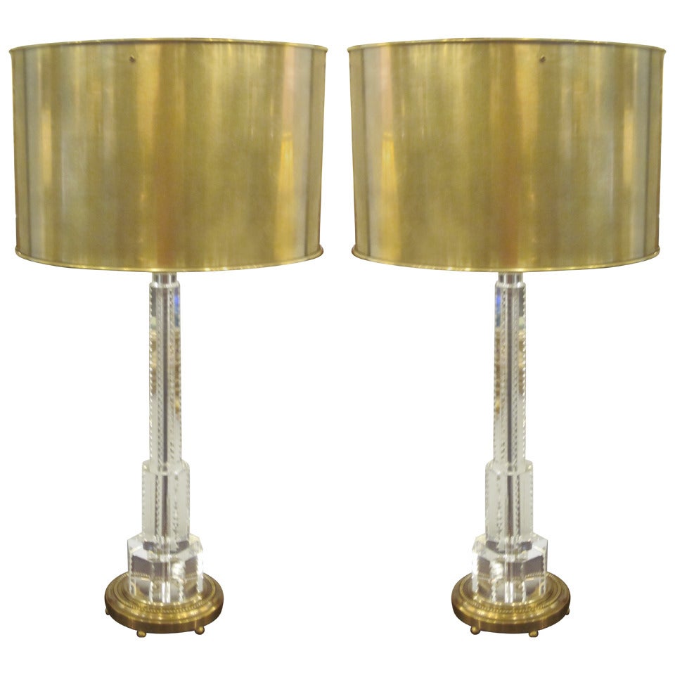 Pair of French Mid-Century Modern Style Solid Crystal and Brass Table Lamps