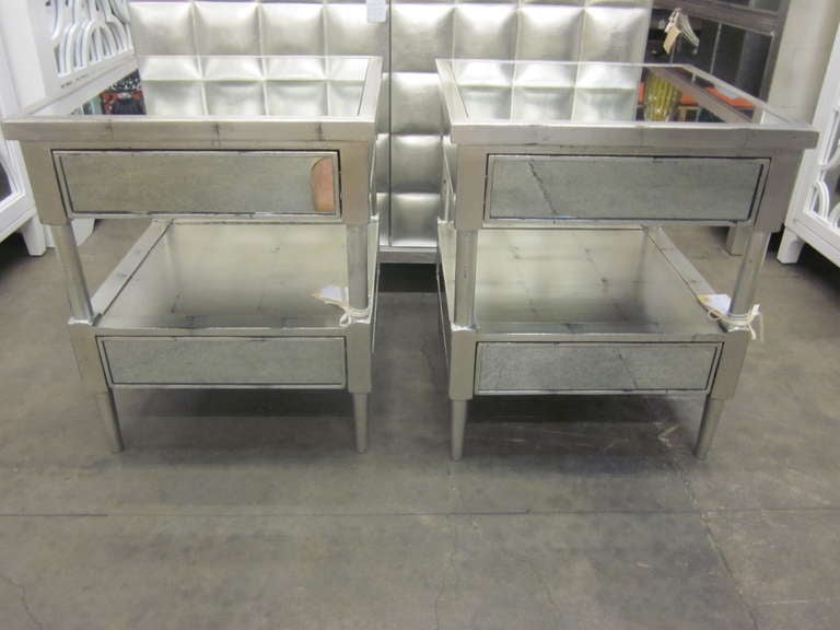 Pair of Silver Leaf and Mirrored Nightstands / End Tables
