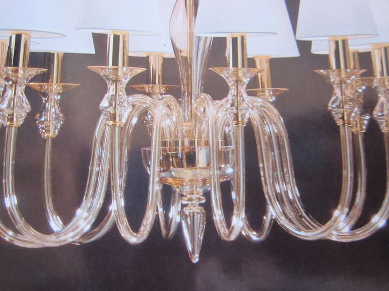 Mid-Century Modern Two Ten-Arm Clear Murano Glass & Brass Modern Neoclassical Chandeliers For Sale
