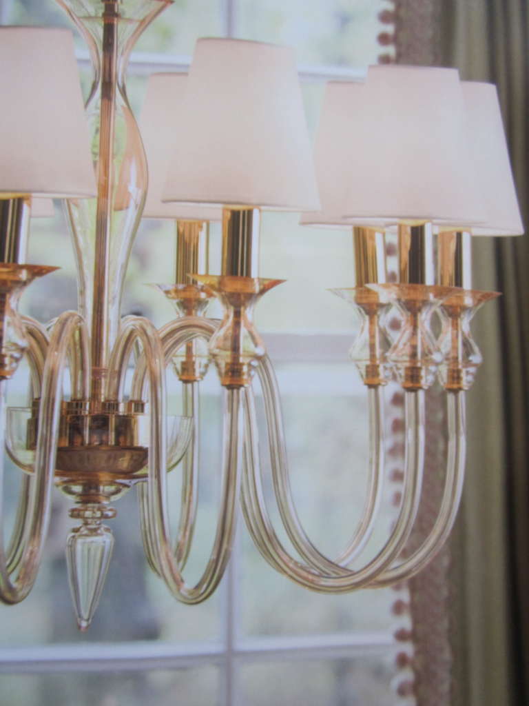 Italian Two Ten-Arm Clear Murano Glass & Brass Modern Neoclassical Chandeliers For Sale