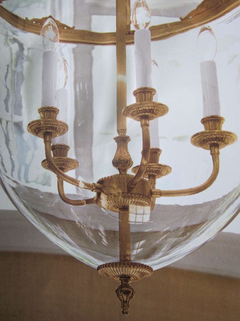 Two French Modern Neoclassical Style Brass and Blown Glass Chandeliers/ Lanterns For Sale 1