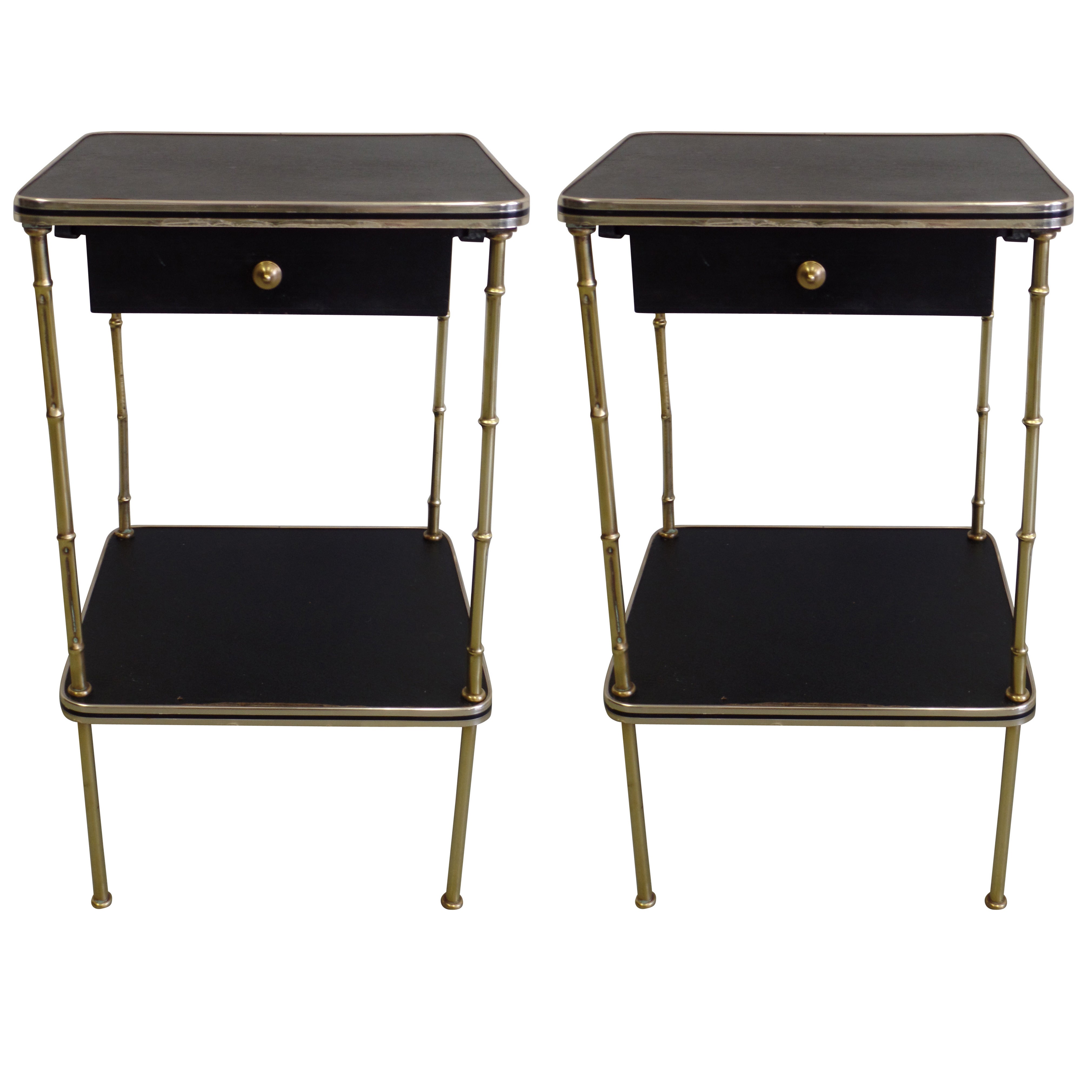 Pair French Faux Bamboo and Leather Side Tables / Nightstands by Jacques Adnet