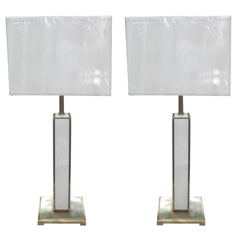 Four Modern Neoclassical Alabaster and Brass Column Lamps