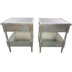 Pair of Silver Leaf and Mirrored Nightstands / End Tables