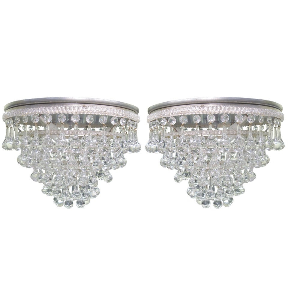 Two Italian Flush Mount Fixtures / Chandeliers with Murano Glass Drops