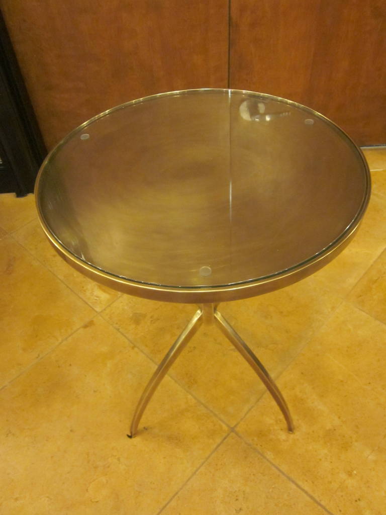 Two French Modern Neoclassical Round Solid Brass Side Tables, Andre Arbus 1