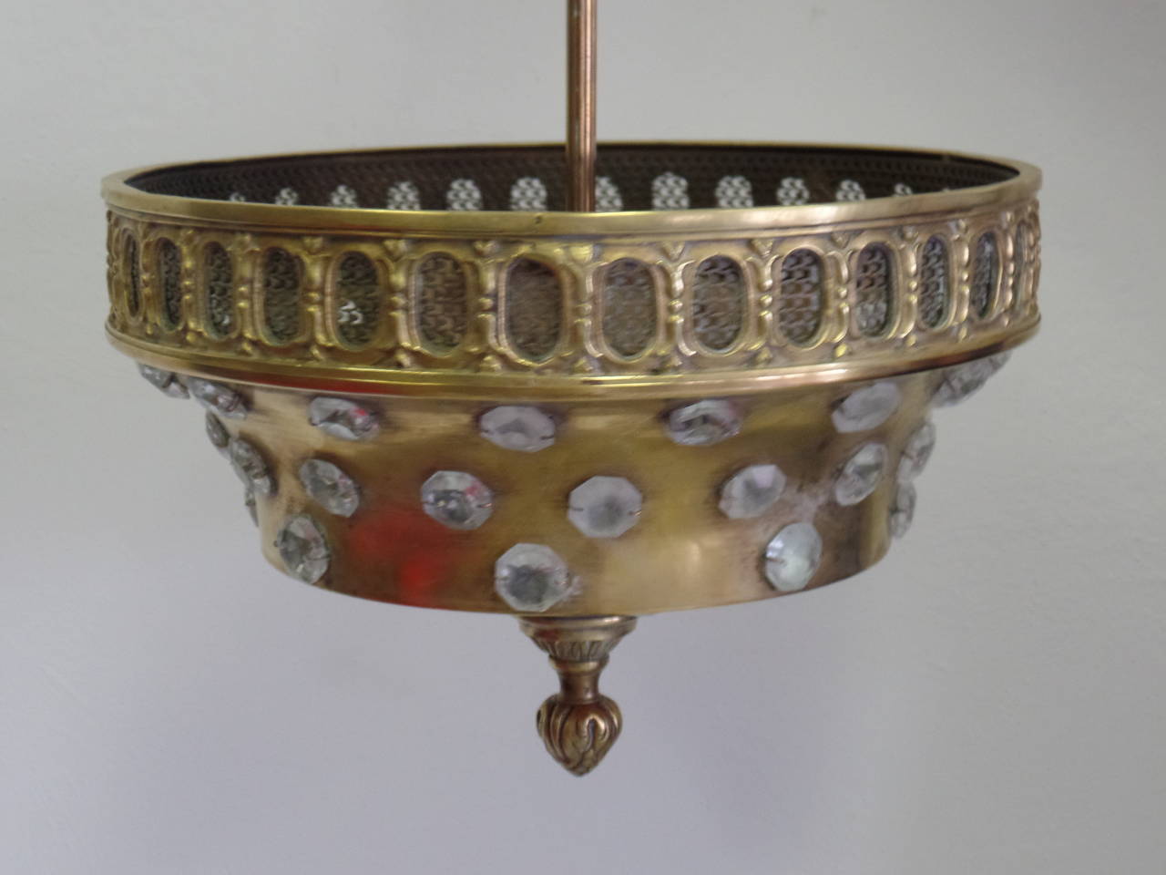French Mid-Century Brass & Cut-Crystal Pendant / Flush Mount by Jansen, 1940  In Good Condition In New York, NY
