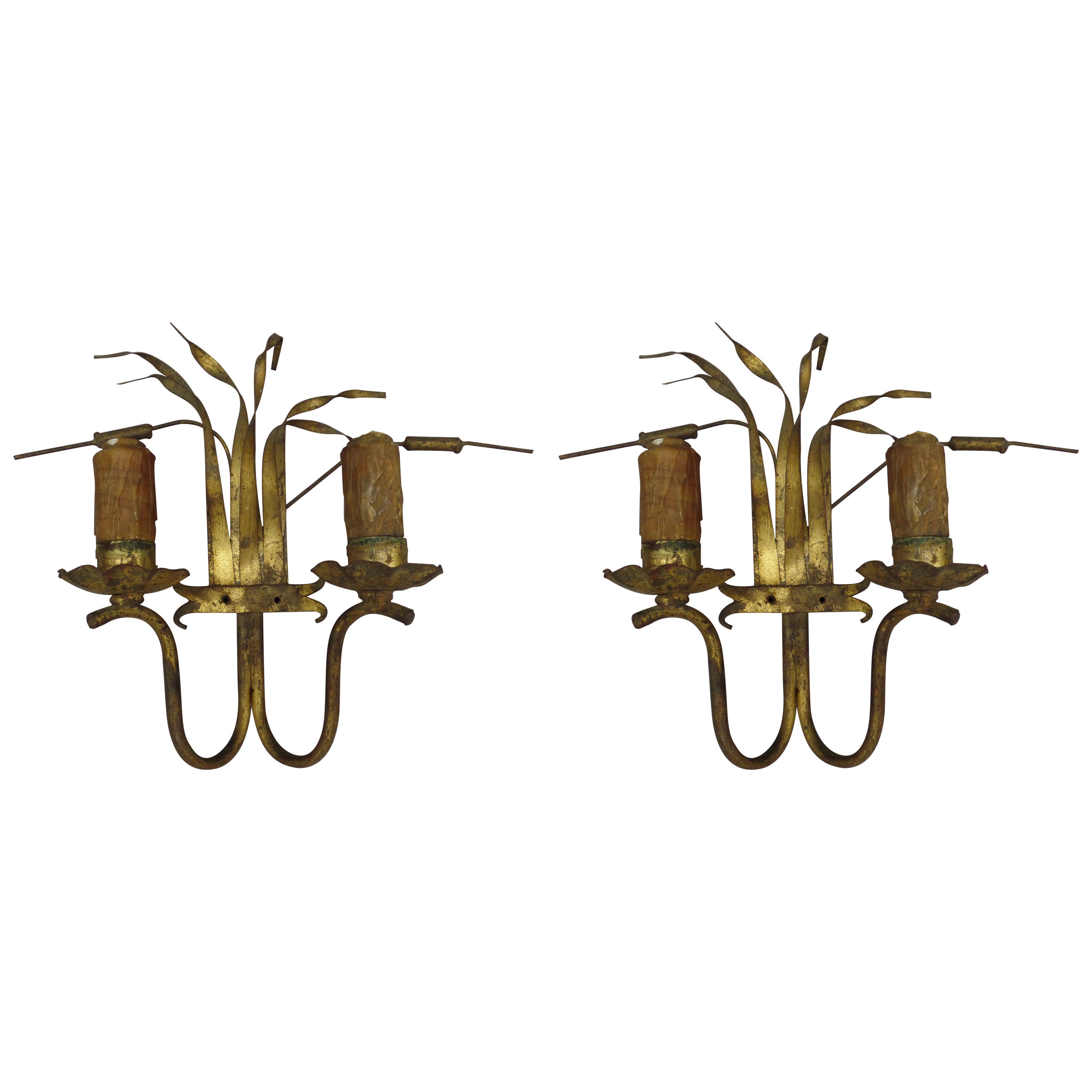 Pair of French Mid-Century Modern Floral Gilt Iron Wall Sconces, 1940 For Sale