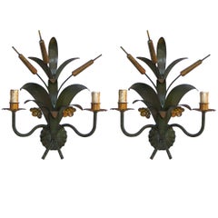 Vintage Pair French Mid-Century Modern Hand-Painted Toll Floral Sconces, Maison Baguès