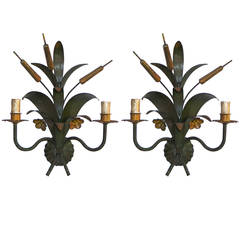 Pair of French 1940s Hand-Painted Toll Sconces Attributed to Maison Baguès 2