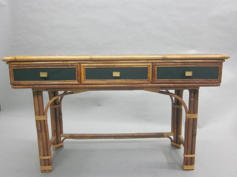 French Mid-Century Modern Neoclassical Rattan & Bamboo Desk /Console Jean Royere In Good Condition In New York, NY