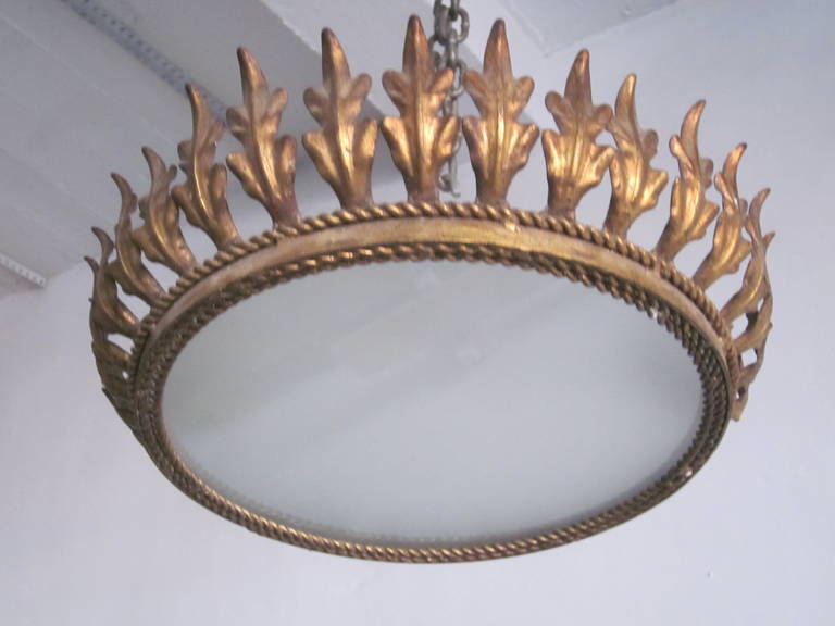 Mid-Century Modern French Modern Neoclassical Gilt Iron Sunburst Flush Mount or Pendant