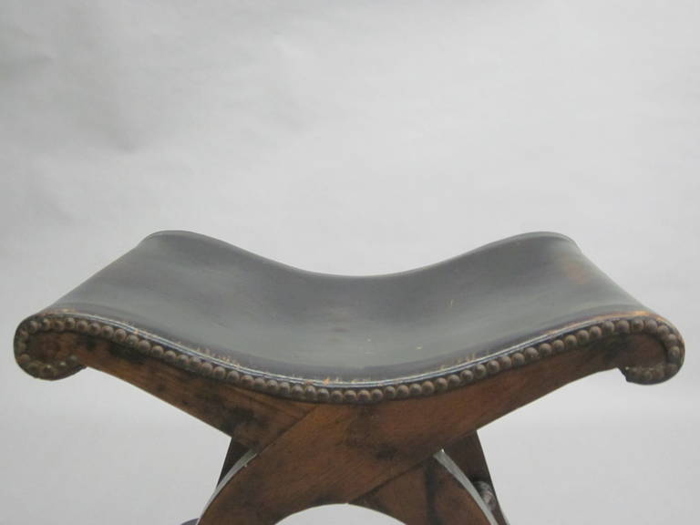 Wood Pair of Studded Leather Benches or Stools by Pierre Lottier