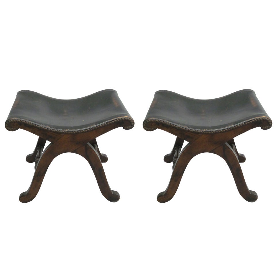 Pair of Studded Leather Benches or Stools by Pierre Lottier