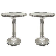 2 French Mid-Century Modern Style Solid Crystal & Nickel Side Tables, Baccarat 