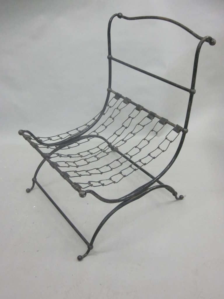 Rare Pair of French Hammered Iron and Chain Lounge Chairs by Jean-Charles Moreux For Sale 1